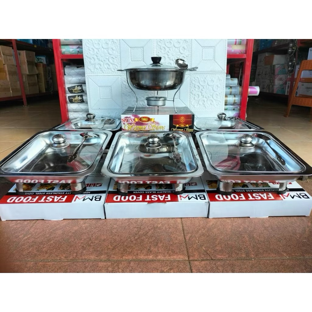 Prasmanan Set Stenlis Tutup Full Kaca isi 6 atau batik kombinasi/Prasmanan set/Wadah saji set Tempat