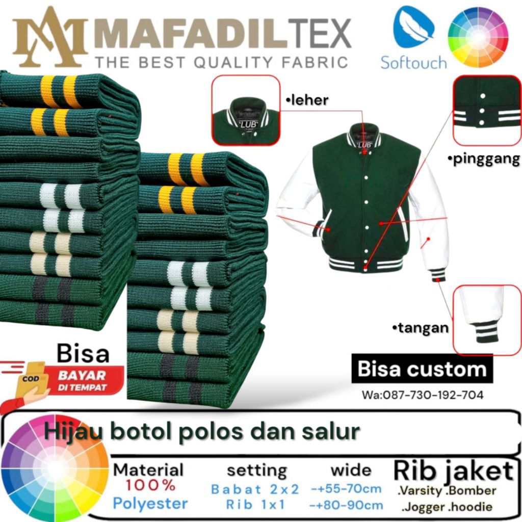 Promo kain Rib bur 1x1 warna dasar hijau botol polos dan strip bahan polyester premium