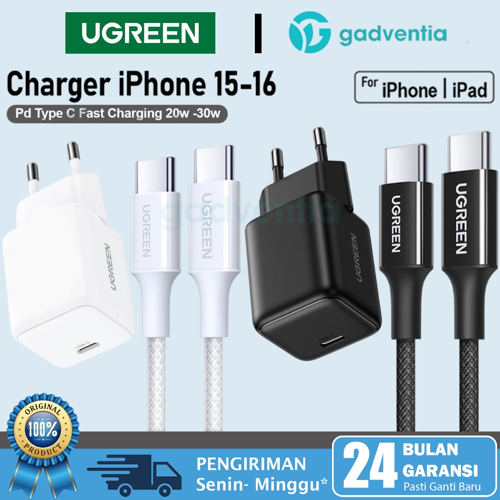 UGREEN Wall Charger Set iPhone 15 16 Plus 16 Pro Max PD Type C to C Fast Charging 20w 30w Original