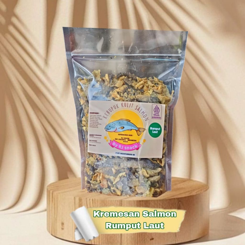 

Kremesan Kerupuk Kulit Ikan Salmon Varian Rumput Laut Pouch 250gr