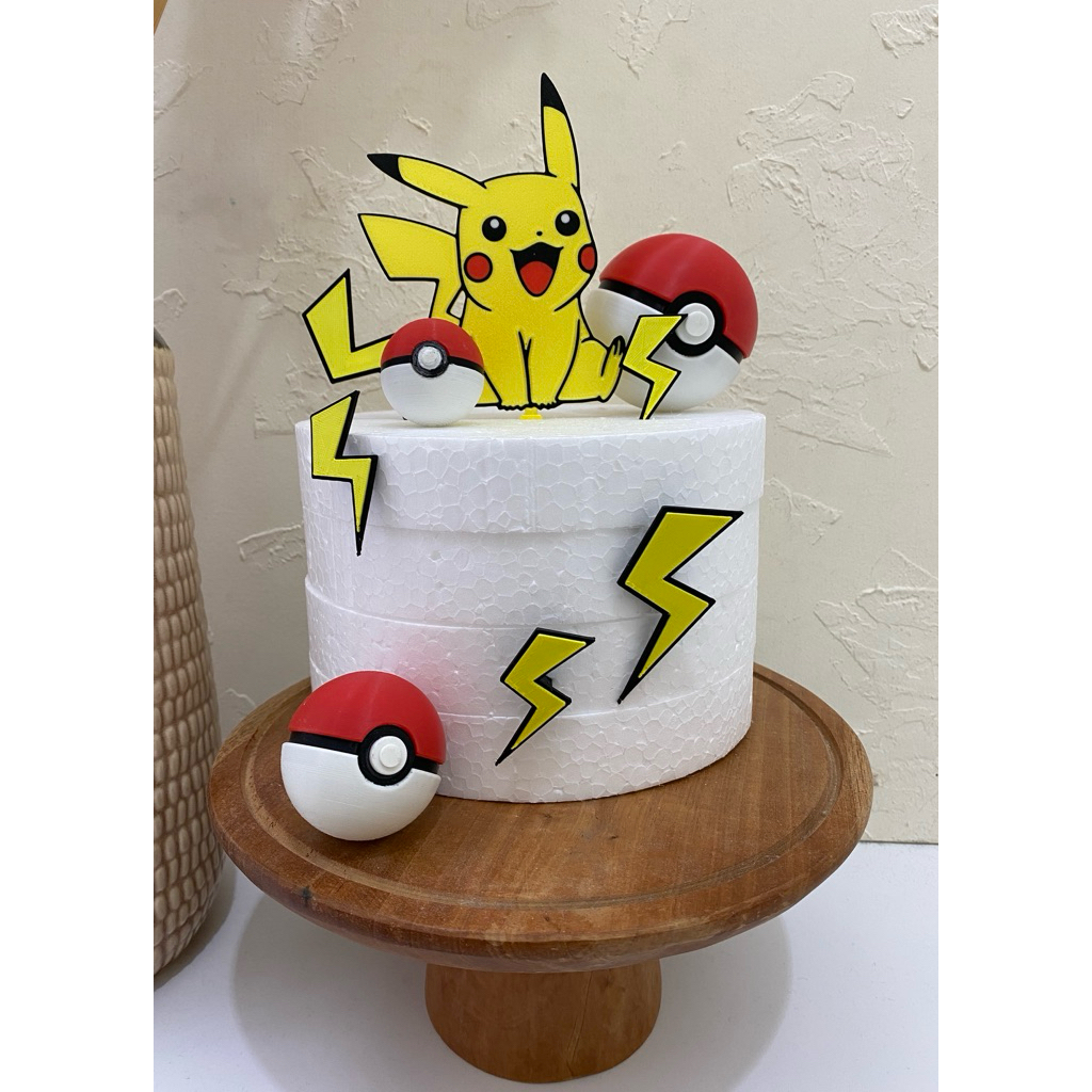 

3D Print, Pikachu Pokemon Pokeball Petir Thunder , hiasan kue, figure Pokemon Pikachu