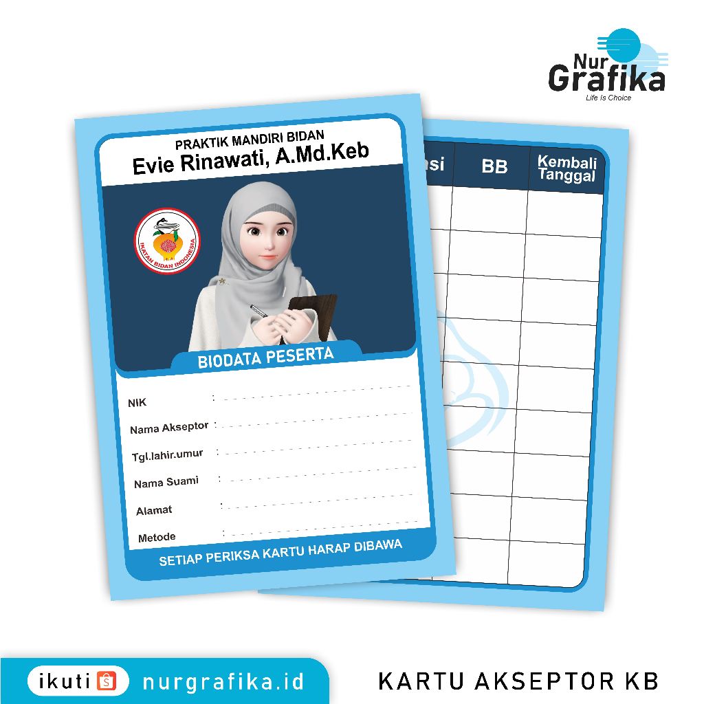 

( 1Pack Isi 20Pcs ) Kartu Aseptor KB / Jadwal Suntik KB Bidan