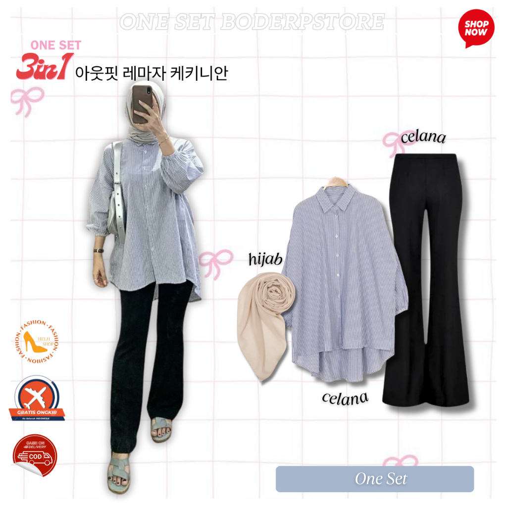 Ootd Wanita Kekinian Kemeja Salur Wanita + Celana Cutbray Premium + Hijab