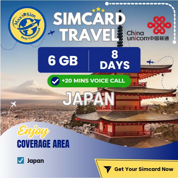 NEW CHINA UNICOM - JAPAN 6 GB / 8 DAYS + EXTRA FREE 20 MINS VOICE CALL - HIGH SPEED Simcard Travel -