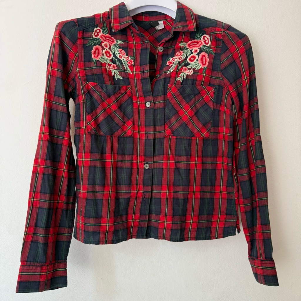 [PRELOVED] H&M Shirt, Kemeja Kotak Kotak Merah Maroon, Kemeja Wanita