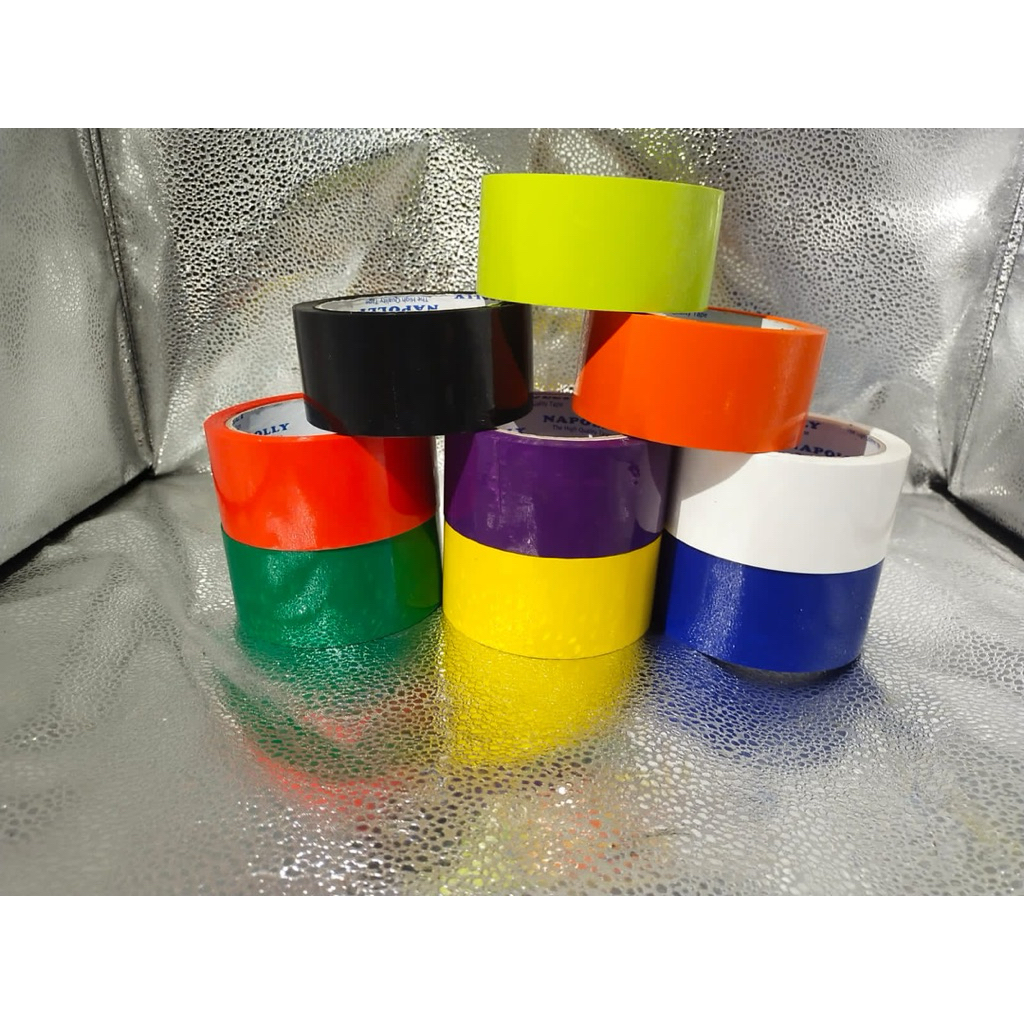 

lakban opp warna warni merek napolly 45mm 72yard(65Meter) panjang asli harga per 1pcs