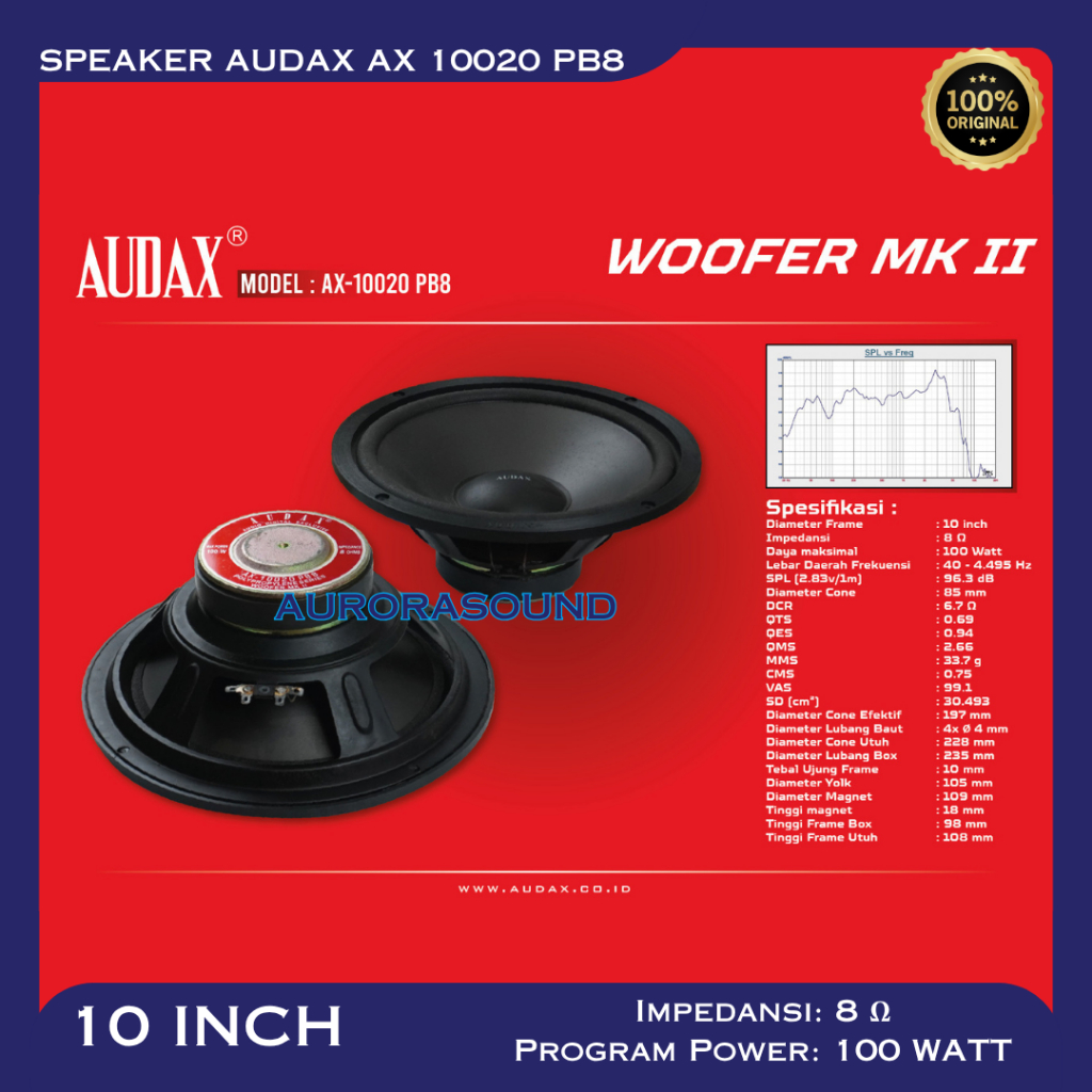 SPEAKER WOOFER AUDAX AX 10020 PB8 WOOFER 10 INCH ORIGINAL AUDAX INDONESIA