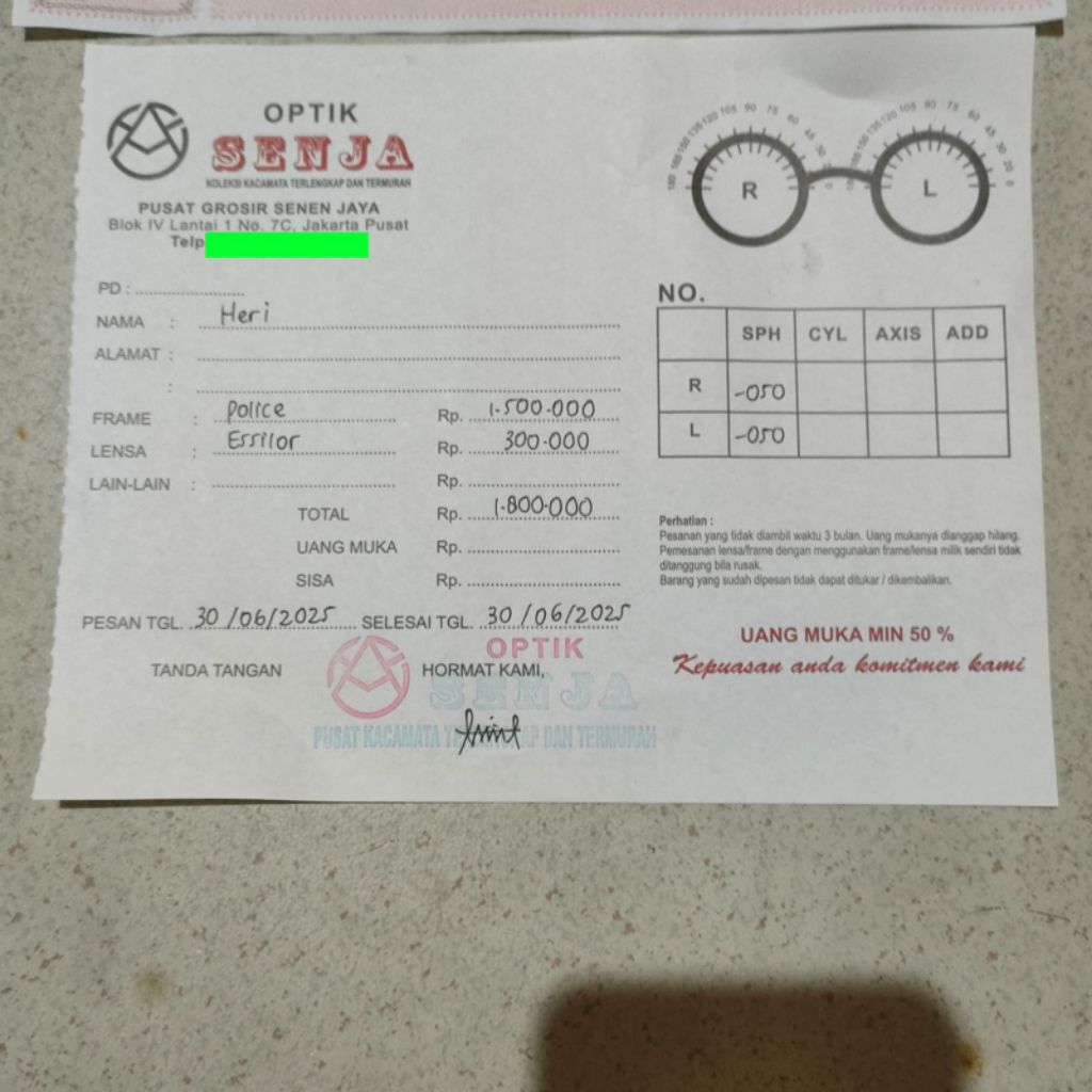 kacamata kwitansi Nota optik  pembelian kacamata