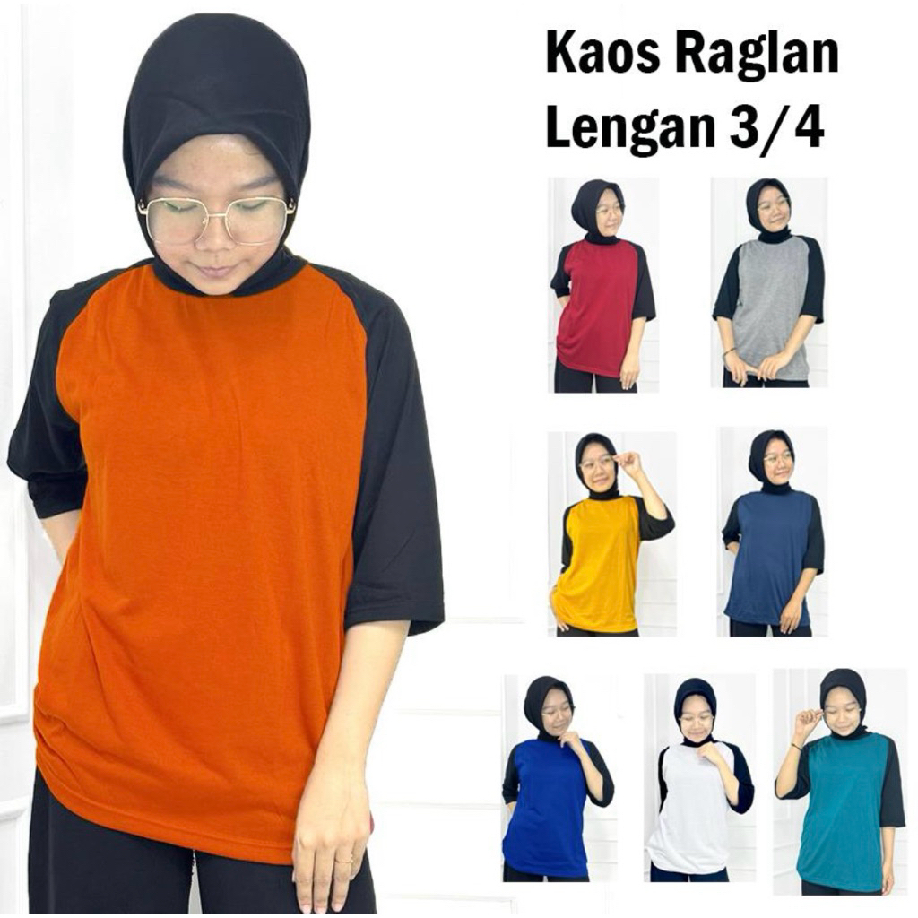 Kaos Raglan Wanita Lengan Hitam  3/4 atasan polosan