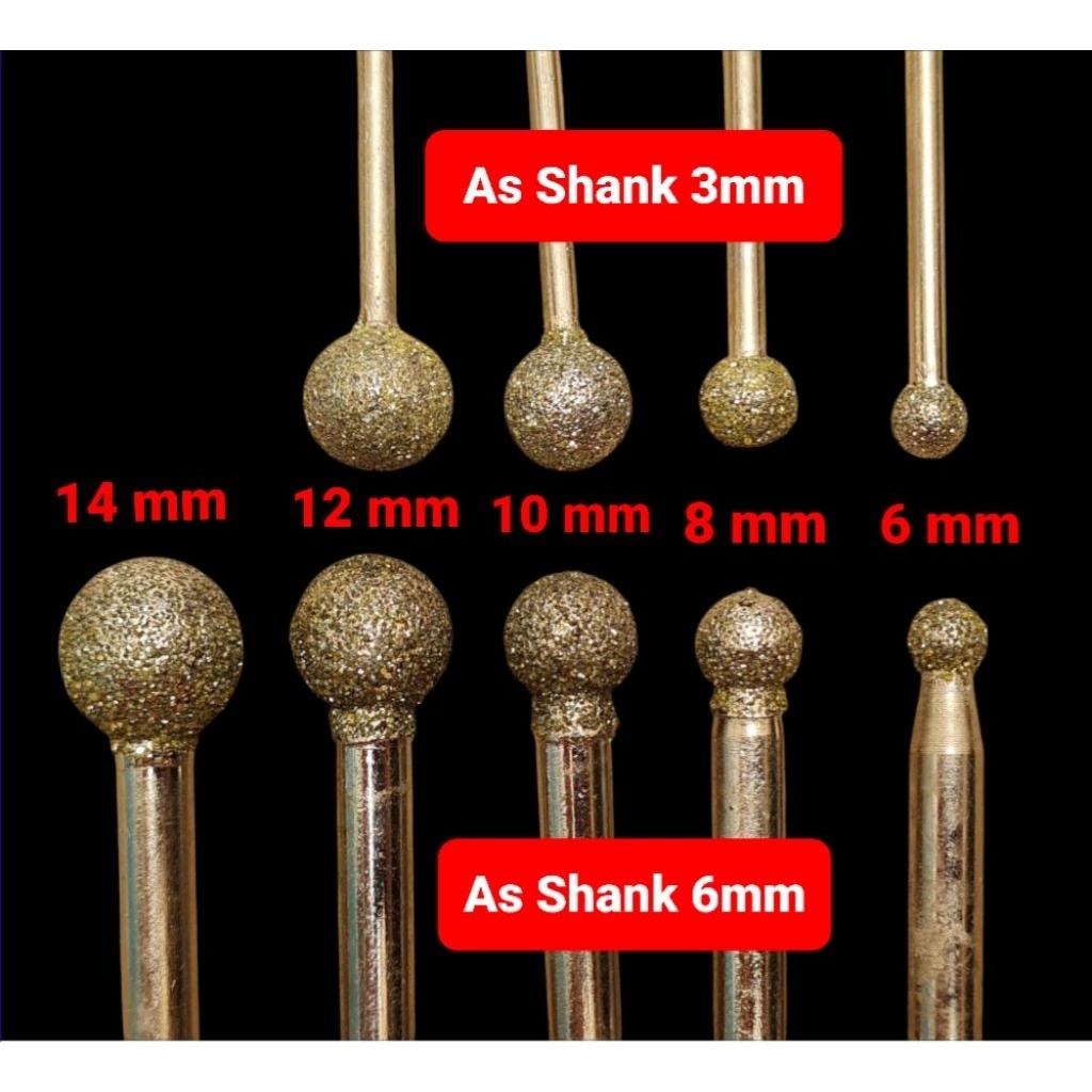 Set 4pcs Mata Bor ball Kasar coarse grit mesh #46 Batang As 3mm dan 6mm grafir tuner ukir pahat cune