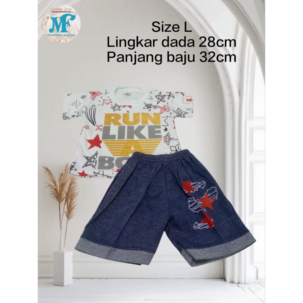 Setelan Anak Laki 1-4 Tahun | Baju Kaos RUN LIKE A BOSS + Celana Jeans Pendek Bintang