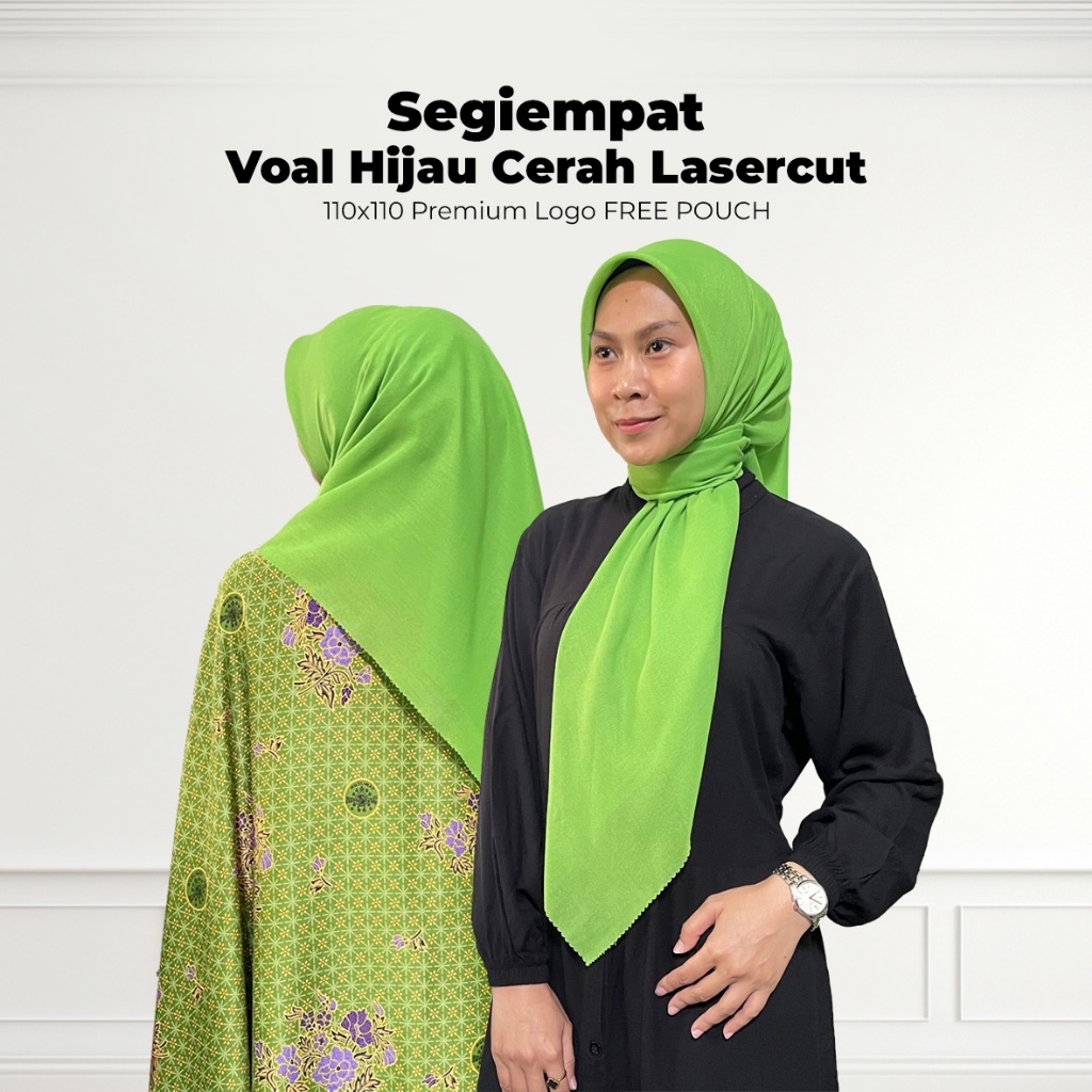 Segiempat Voal Hijau Cerah 110x110 Premium Logo FREE POUCH / Kerudung Hijau Muslimat / Hijab Hijau S