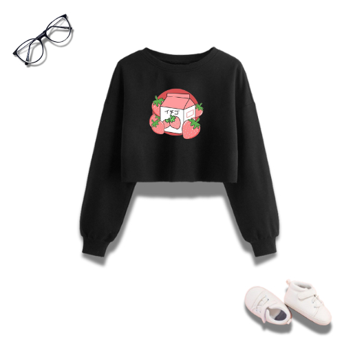 Sweater Crop Top Anak Perempuan Korean Style Trend Terbaru Motif Strawberry Milk Usia 4-13 Tahun Kek