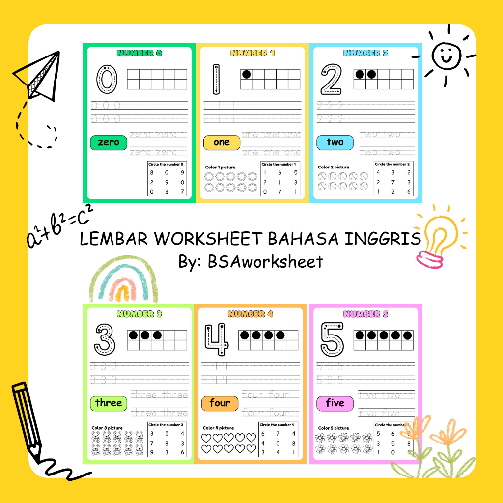 Lembar kerja worksheet bahasa inggris number angka english worksheet anak TK kindergarten 0 - 10