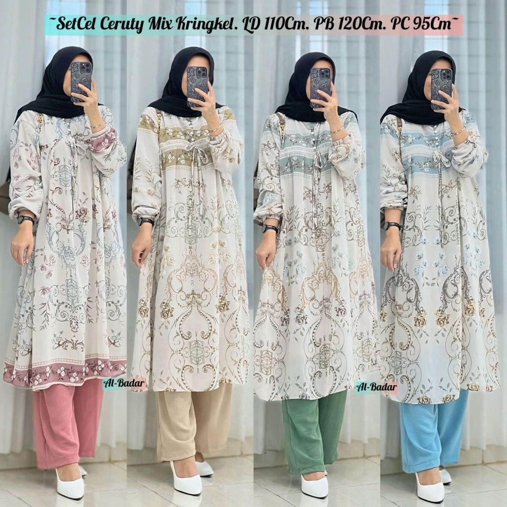 Setelan Long Tunik Bahan Ceruty Mix Kringkel Ld 110 Cm Pb 120Cm