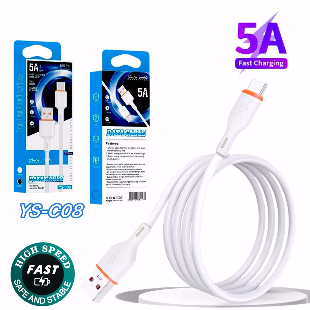 {MR} 5A Fast Charging Kabel Data Silicone  USB Type-C Lembut & Tahan Lama - Support COD  YS-C08