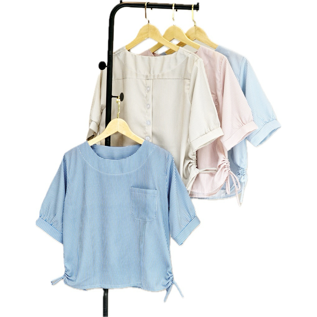 SENA Top - Blouse / Blus Atasan Wanita Lengan Pendek Casual Salur Polos Twill