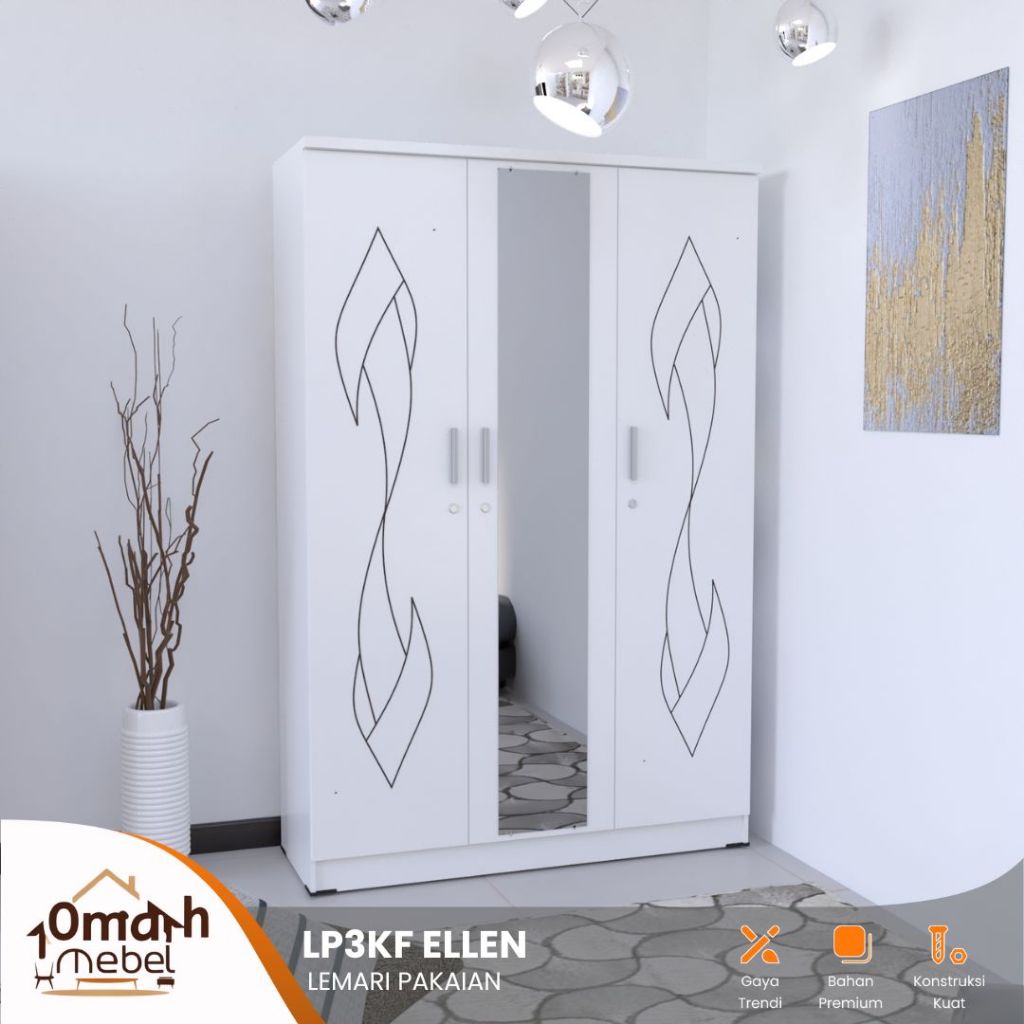 OMS - Lemari Pakaian 3 Pintu Kaca Full Series Ellen Lemari Gantung Baju Storage Penyimpanan Baju Ful