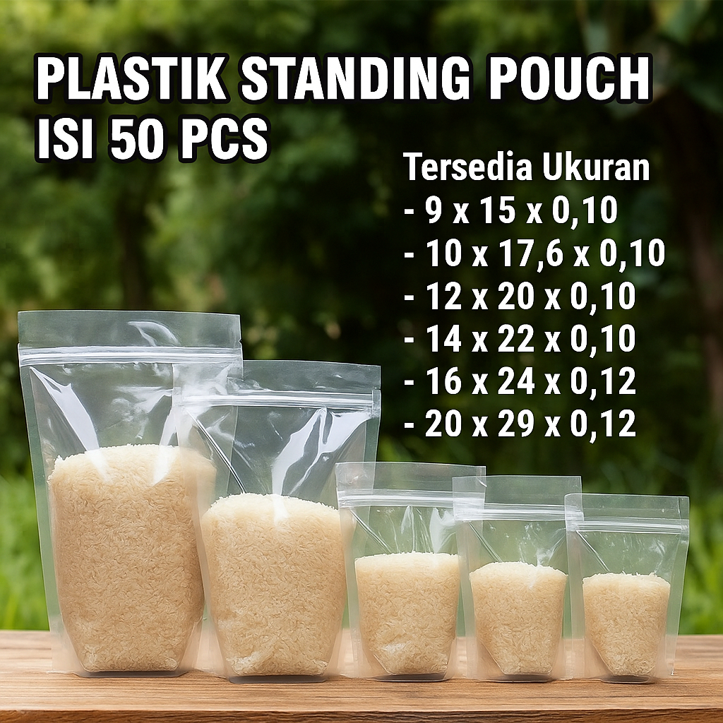 PLASTIK STANDING POUCH  ISI 50 PCS | KLIP KEMASAN BENING TOP TEBAL