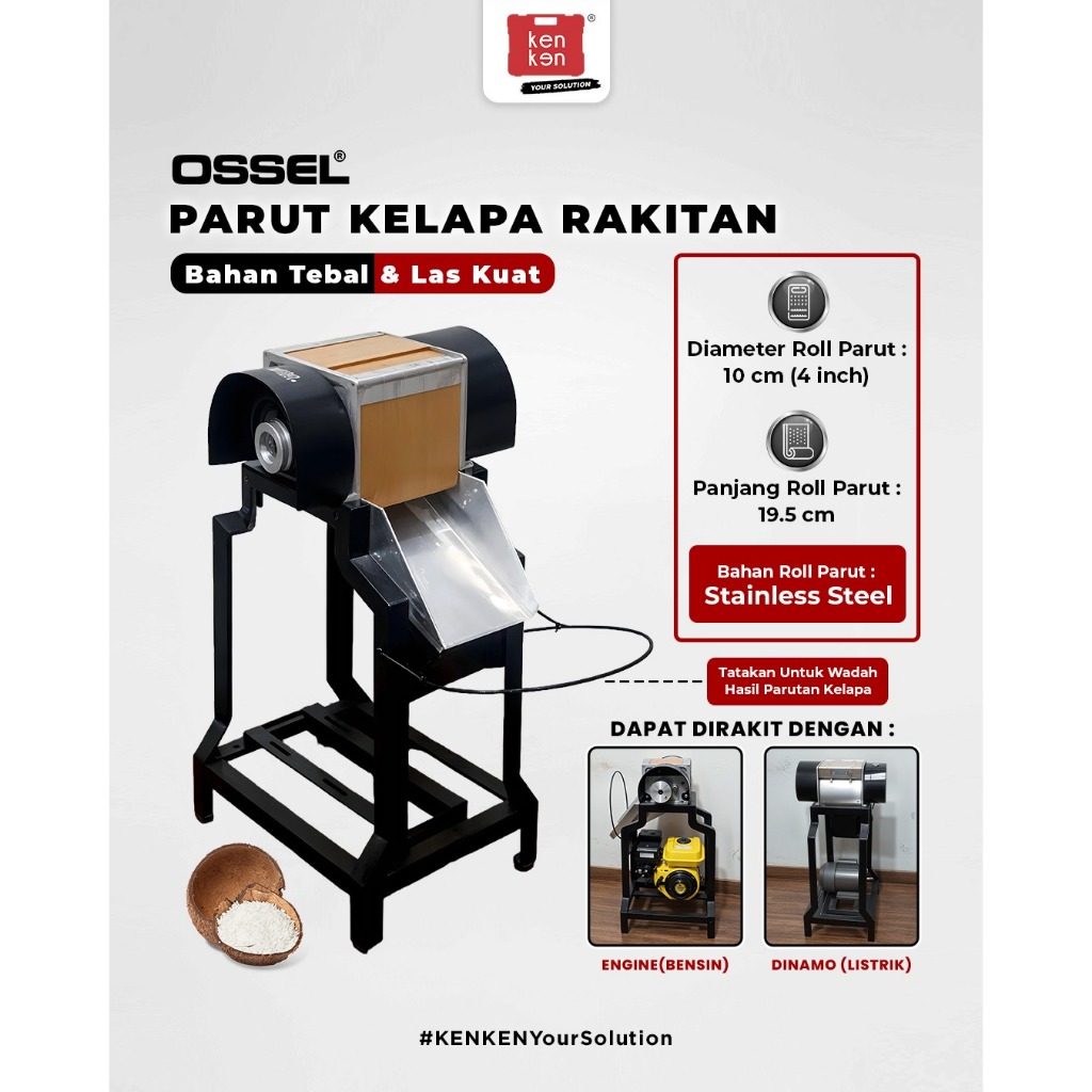 OSSEL Paket Rakitan Siap Pakai Parut Kelapa Parutan Kelapa Engine Bensin 6.5 HP Dinamo Listrik 0.5 H