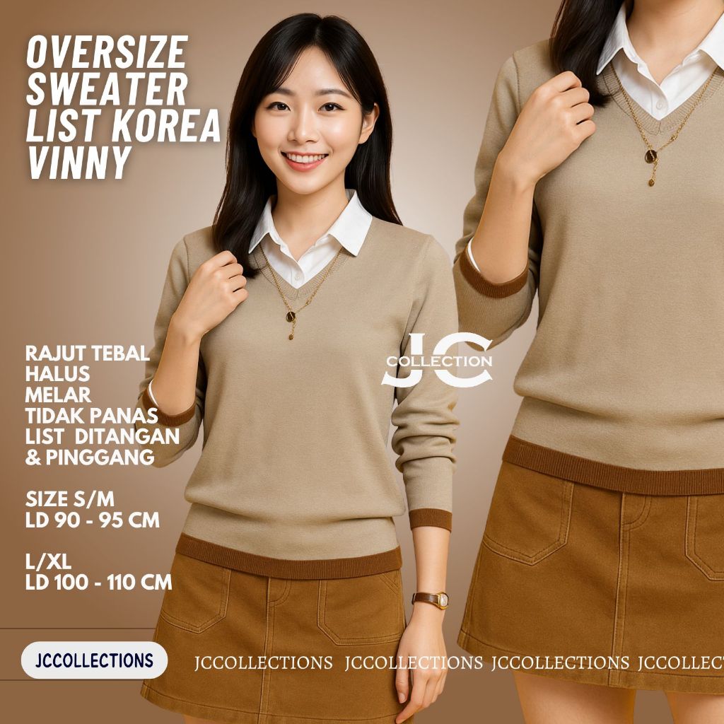 Sweater Rajut Wanita Oversize VNeck Lengan Panjang Gaya Korea Finny 01 - JCCollections