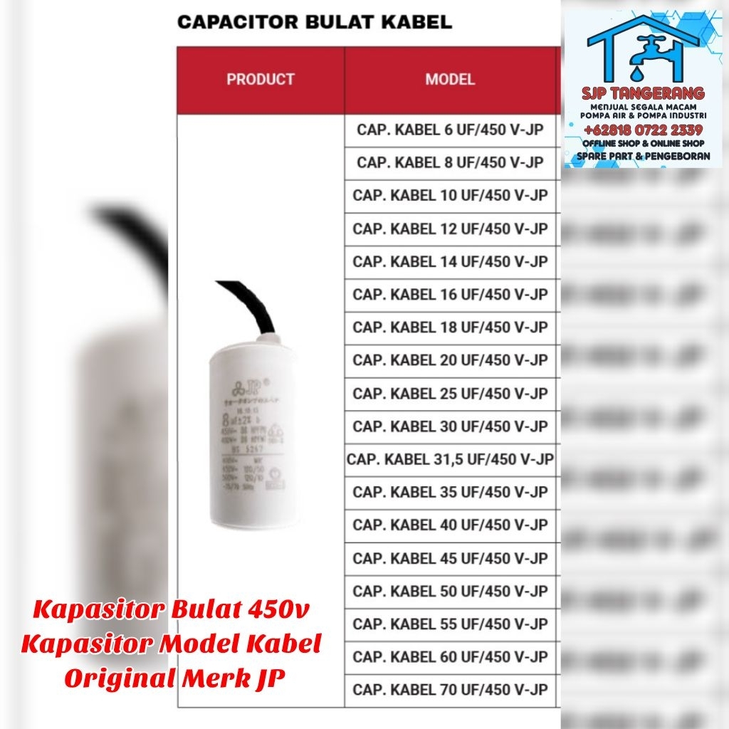 KAPASITOR KABEL 31.5uf 450v / SPARE PART POMPA / KAPASITOR POMPA 31,5uf 450v MERK JP ORIGINAL