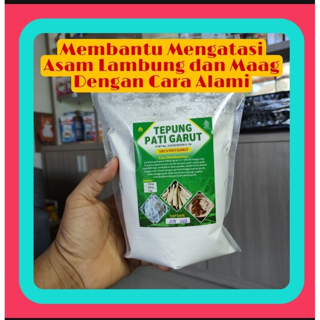 

Paket Tepung Pati Garut 500 gram dan 250 gram Jelarut Arorot cara Alami untuk mengatasi asam lambung dan maag akut