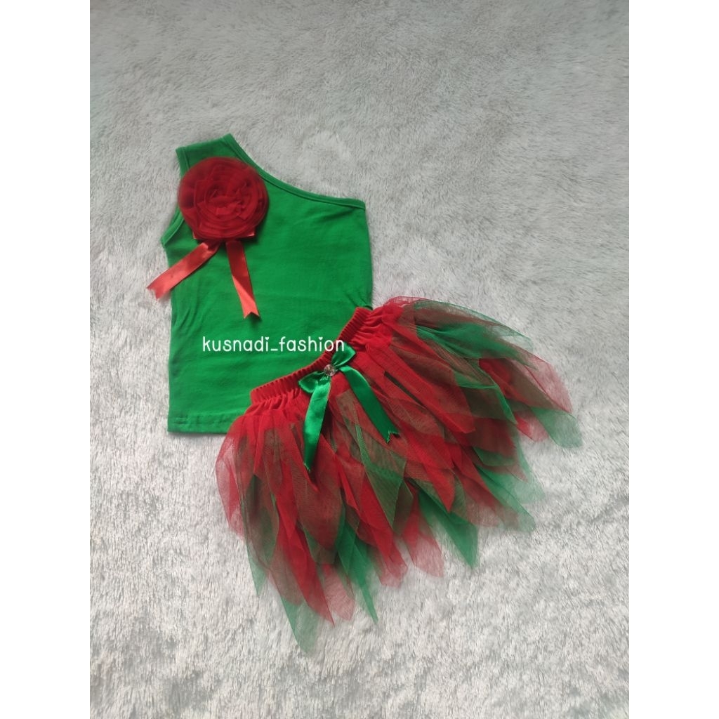 Setelan Rok Tutu Jarum Merah Hijau Model Baju Lengan Satu || One set Anak Perempuan