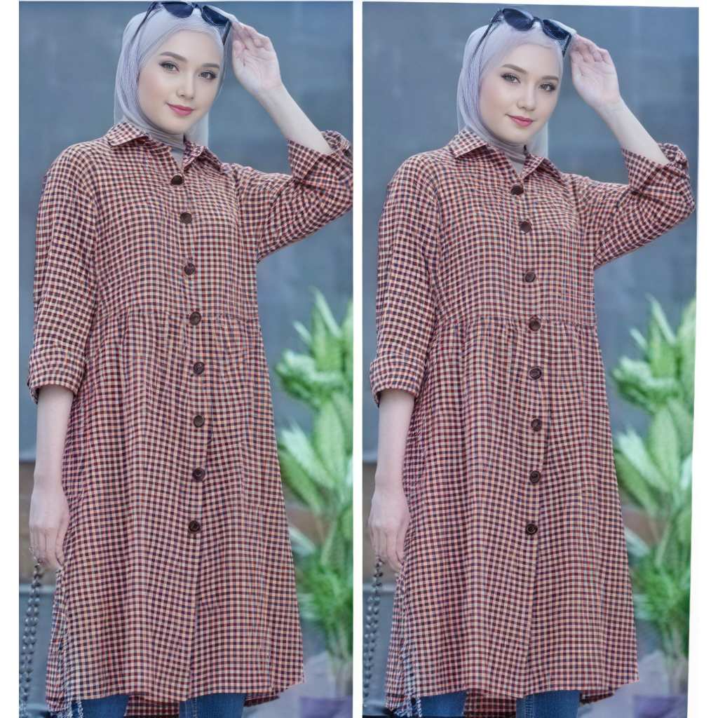 Atasan Wanita Motif Kotak Kotak Flanel Baju Carla Tunik