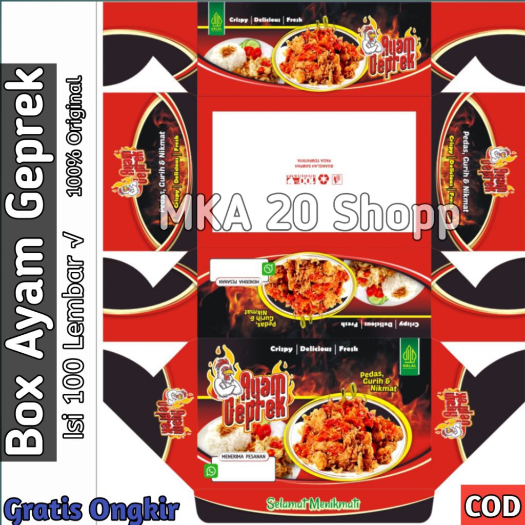 100 lembar box ayam geprek motif / kemasan ayam geprek ukuran 10×15,5×6 cm / kertas ayam geprek / ka