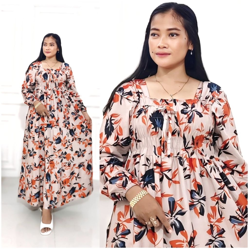 GAMIS SMOKE MOEZA RAYON PREMIUM SUSUN REMPEL LD 110 PB 130/GAMIS KERUT KARET DADA LENGAN PANJANG