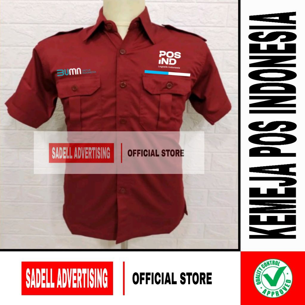 Kemeja POS INDONESIA Seragam BUMN Pos Indonesia Maroon PDH Lengan Pendek Pria Bordir