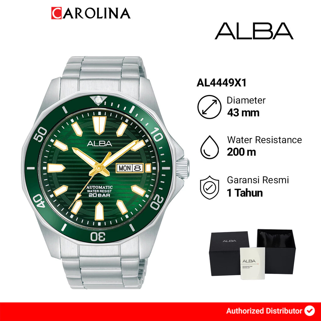Jam Tangan Pria ALBA Automatic AL4449X1 Automatic Diver Green Pattern Dial Stainless Steel Strap