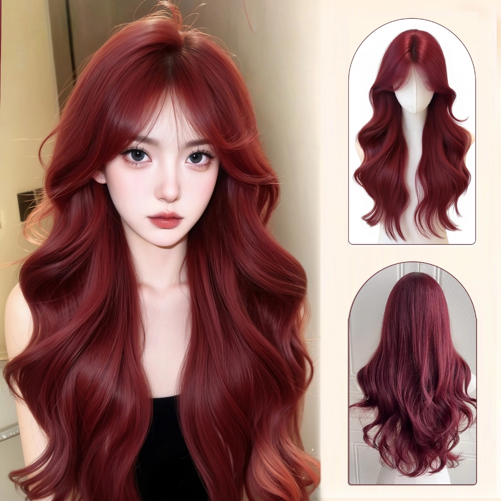 Wig wanita full kepala Wig merah Wave blow Wig rambut panjang Wig korean style Merah wig  Tanpa poni