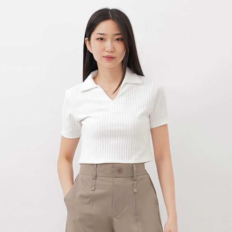 QUEENTIN Kaos Wanita Crop 0103 Stretch Hornet Knit Polos Lengan Pendek