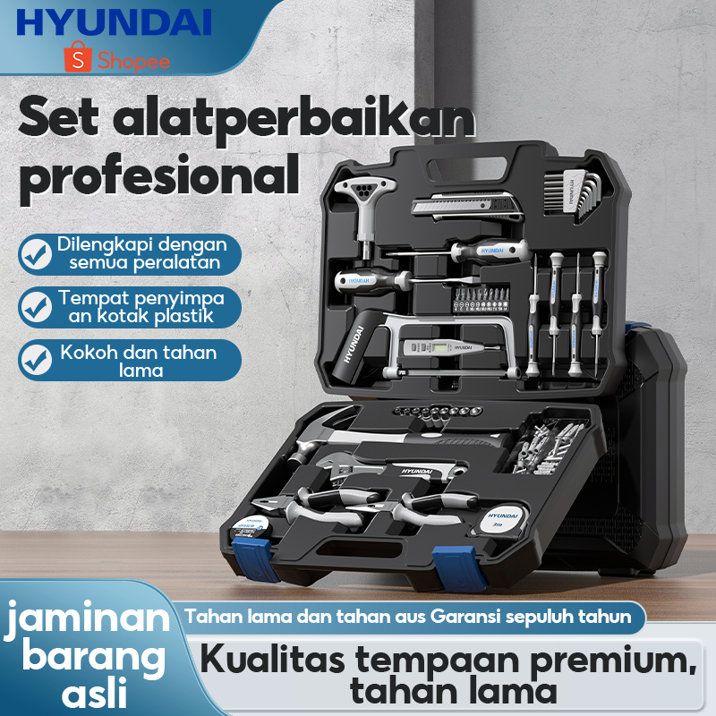 HYUNDAI Bor Listrik Set Lengkap Tool Box Alat Perkakas Baterai Cordless Tang Obeng Palu Kunci Pas To