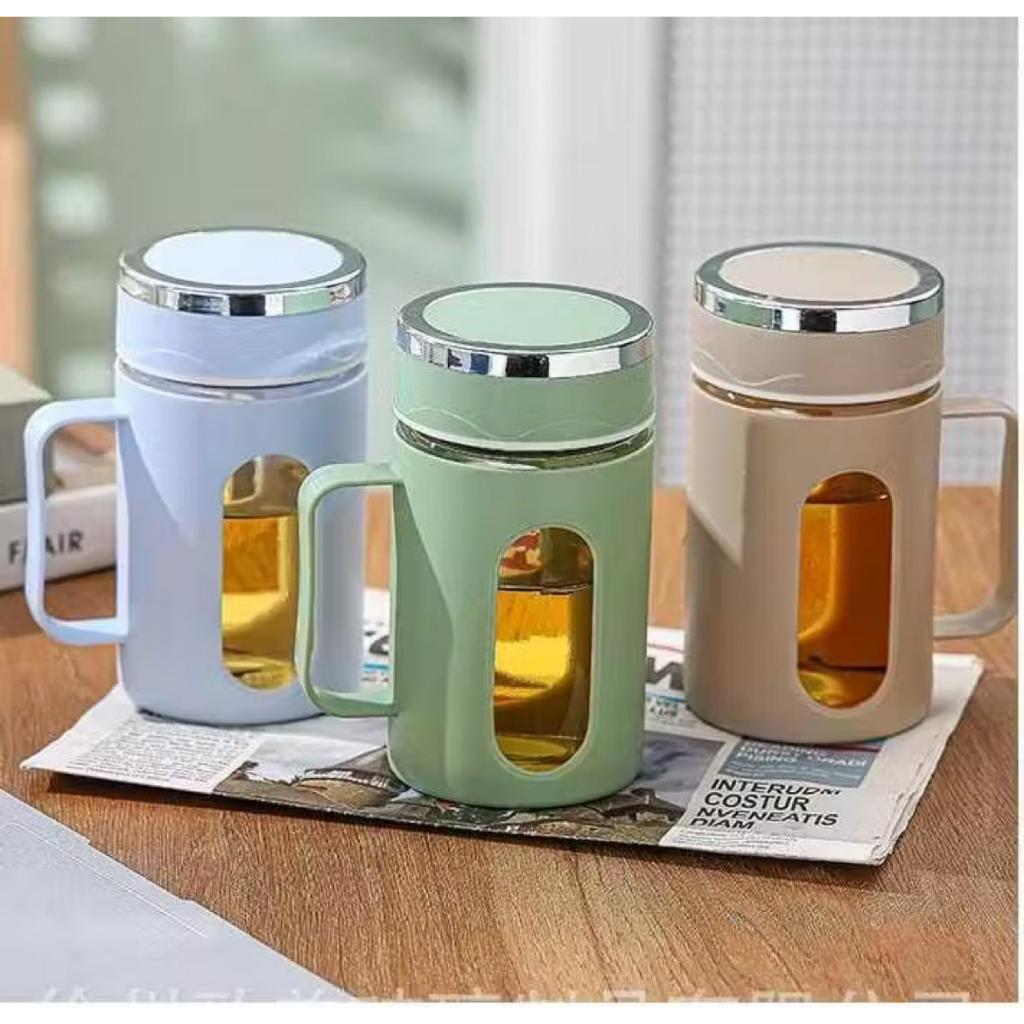 Gelas Kaca Gagang / Gelas Shell 500 ML Kemasan Box/Cangkir Minum Motif Kotak/Mug Cangkir