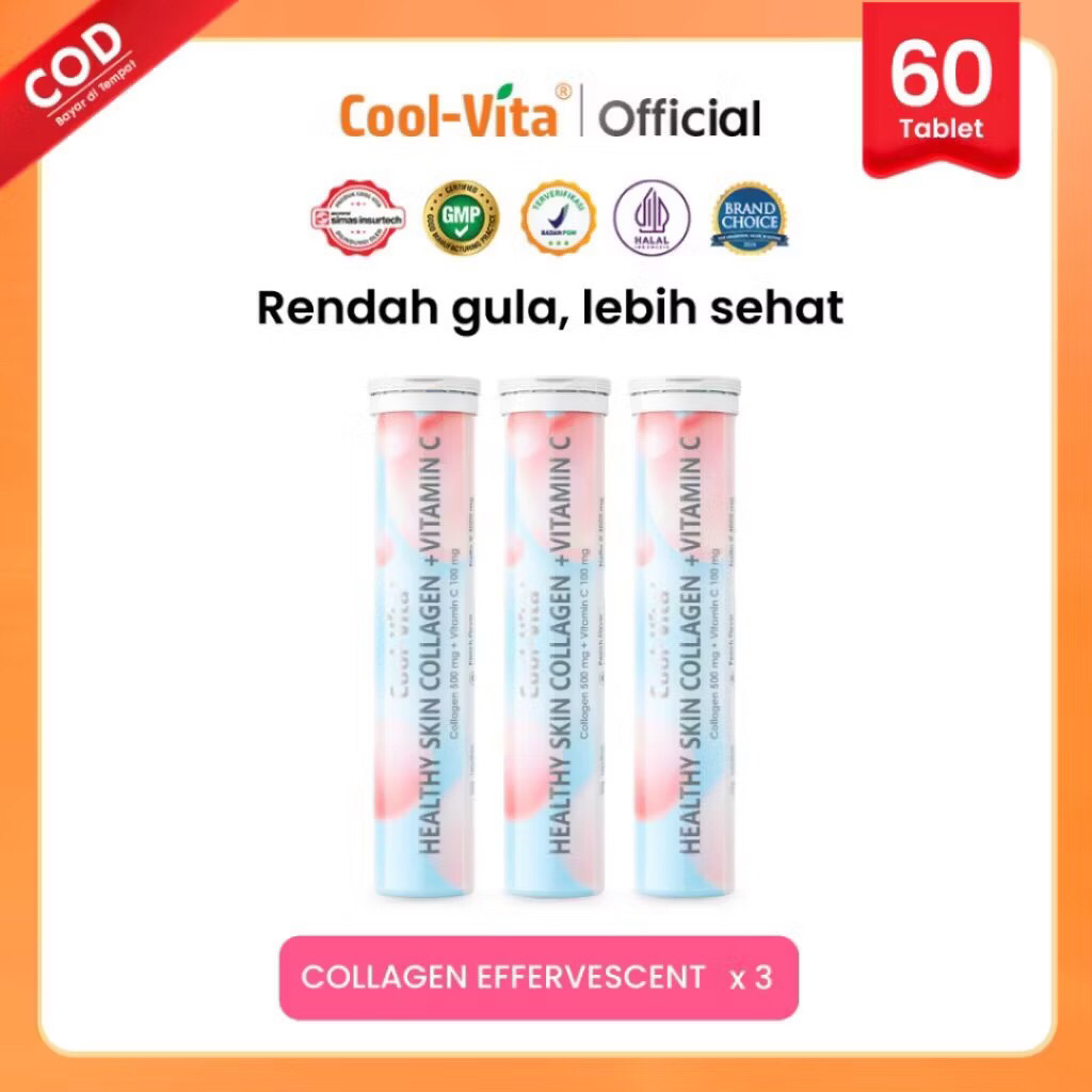 [60 Tablet - 3 Tube] COOLVITA ORIGINAL PAKET GLOWING ALAMI Collagen Effervescent Pencerah Kulit | Su