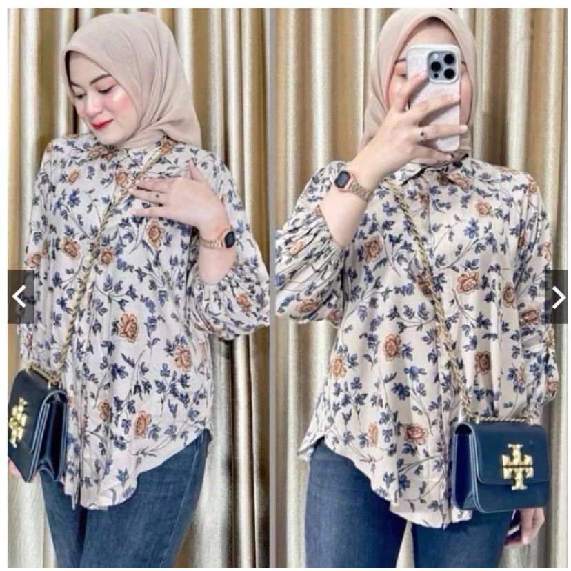Blouse Rayon Lengan Balon Motif Abstrak Hitam Putih - Blus Wanita Busui Friendly Adem & Jatuh & Tida