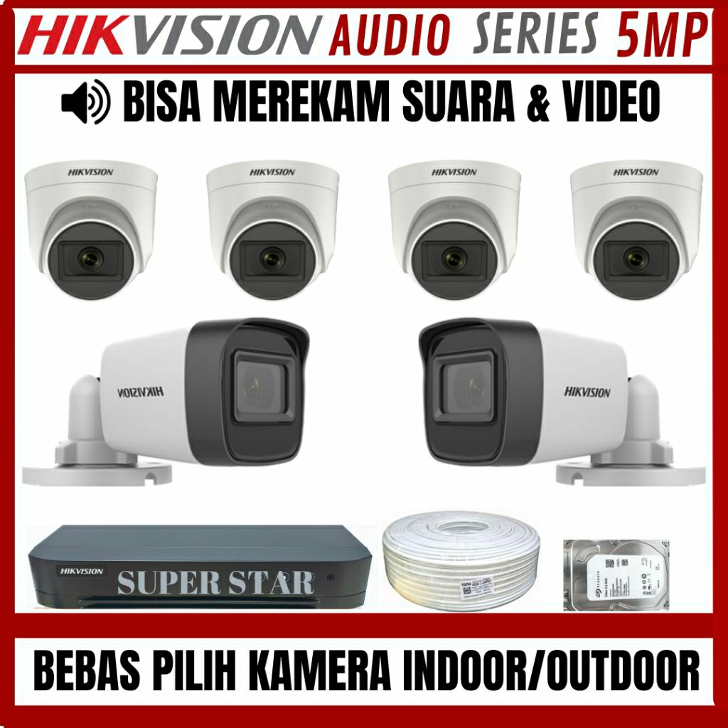 PAKET CCTV HIKVISION 5MP AUDIO 8 CHANNEL 6 KAMERA BISA MEREKAM SUARA DAN GAMBAR