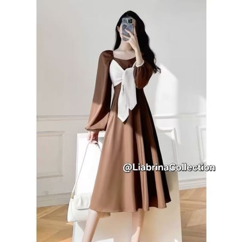 Ranaima - Dress Korean Style,Dress Wanita Kombinasi Pita Putih Depan,Midi Dress Jumbo