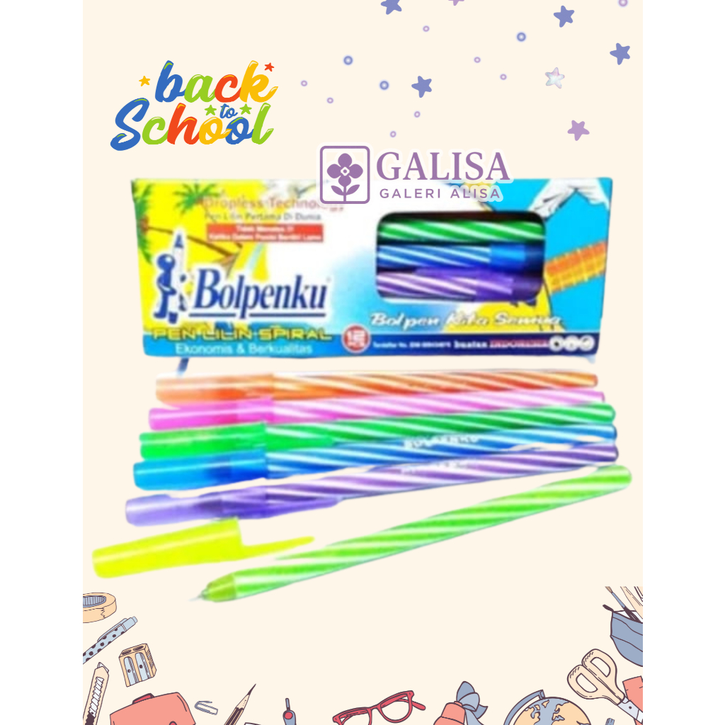 

Pulpen Bolpenku Lilin Spiral | Tinta Hitam | 1 Pak isi 12 pcs | Warna Acak