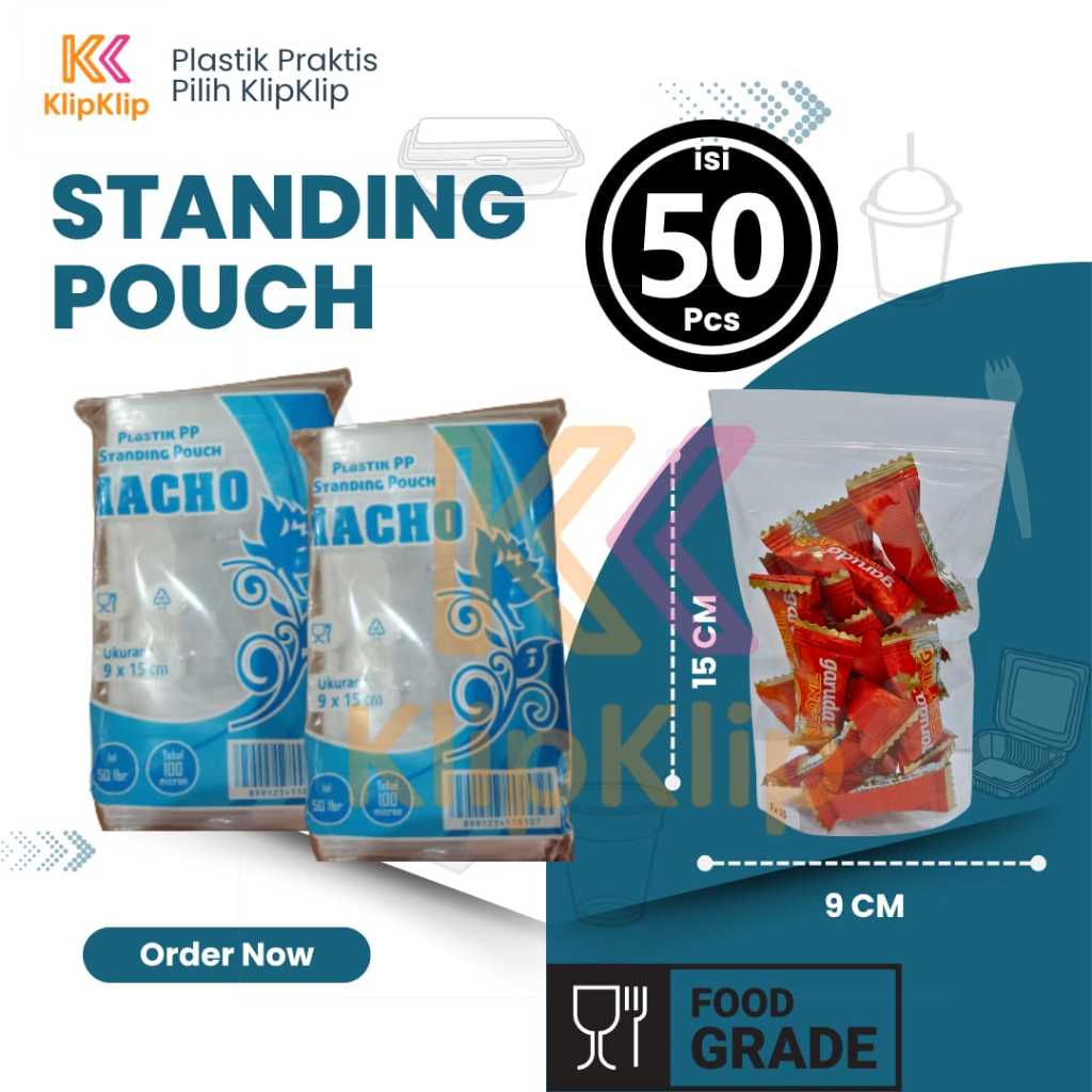 [50pcs] Standing Pouch plastik kemasan plastik klip PP transparent Macho
