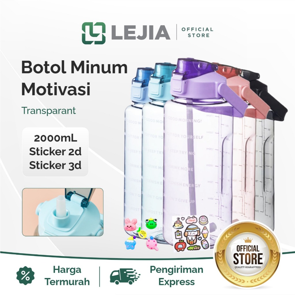 Botol Minum Motivasi Transparan 2000ML 2 Liter Botol Penanda Waktu Botol Minum Viral