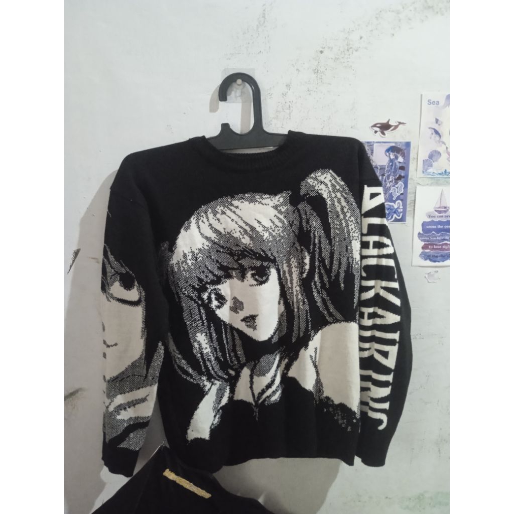 preloved baju, sweater, sweater anime rajut, cardigan, kemeja hitam