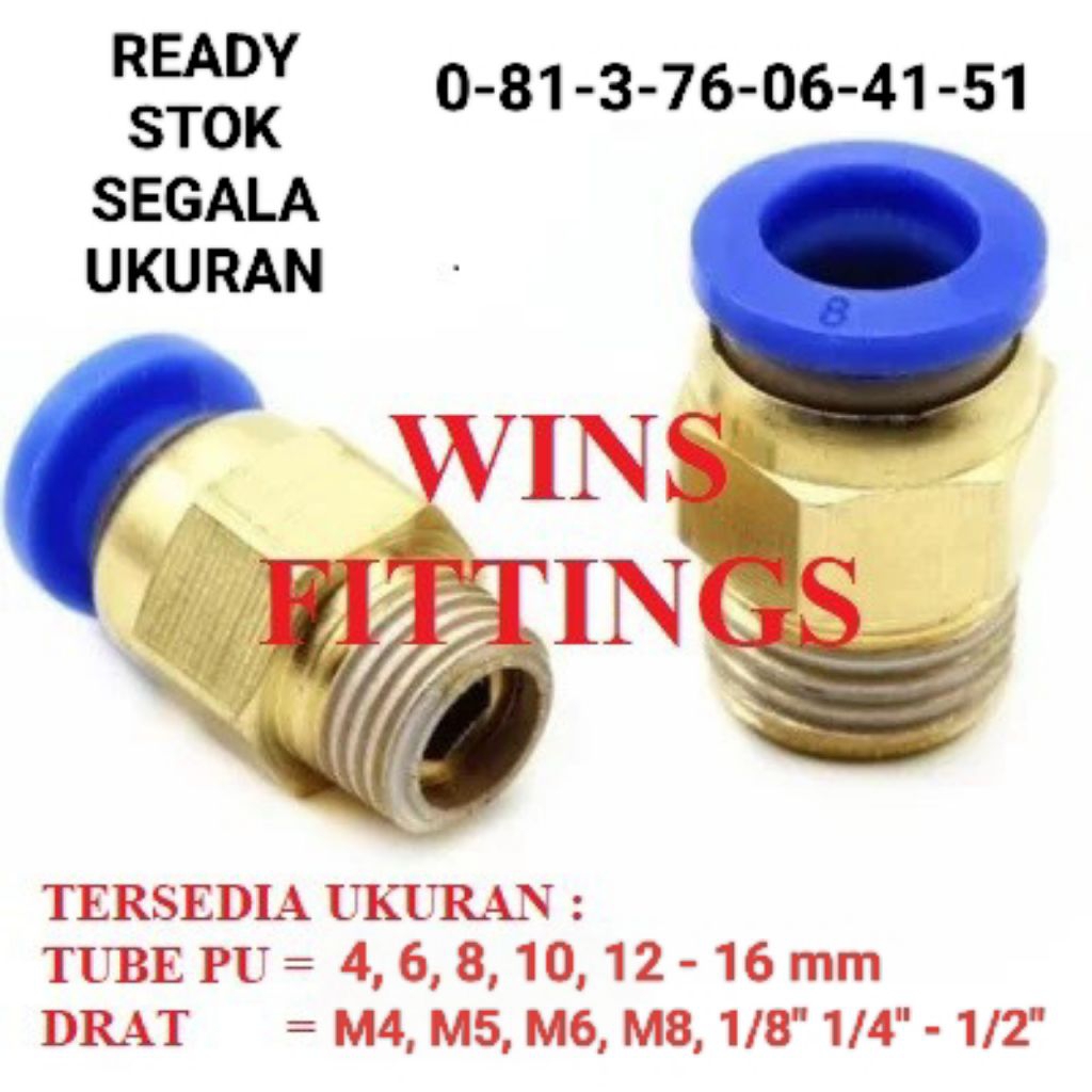 Fitting PU pneumatic M5 M6 M8 drat LUAR ke 4 6 8 mm MILI Push in tube nepel regulator gas lpg tabung