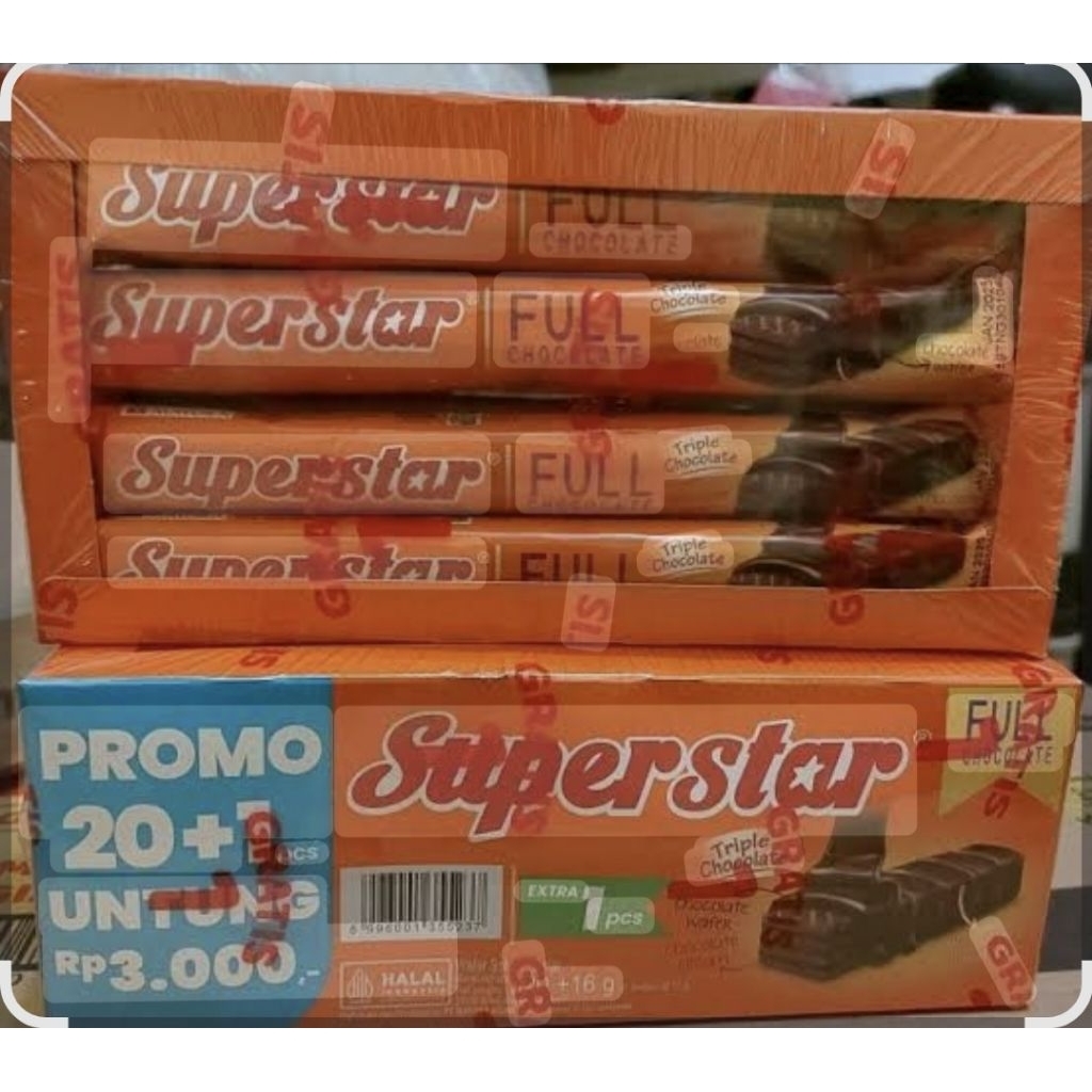 

< perbox> superstar full chocolate 1box isi 20 + 1x 12.5gram...