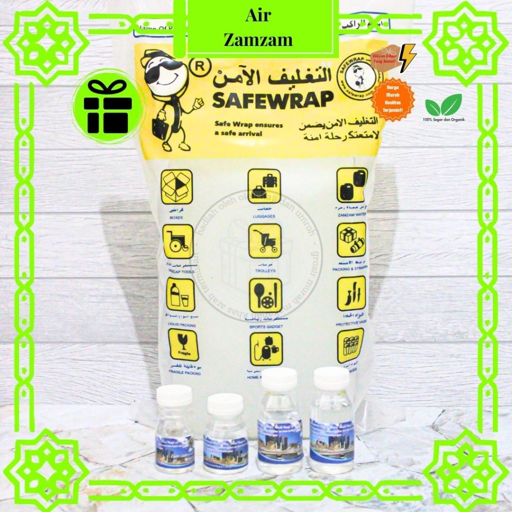 

Air Zamzam Safewrap Botol Kecil isi 70ml, 60ml, 40ml, 30ml