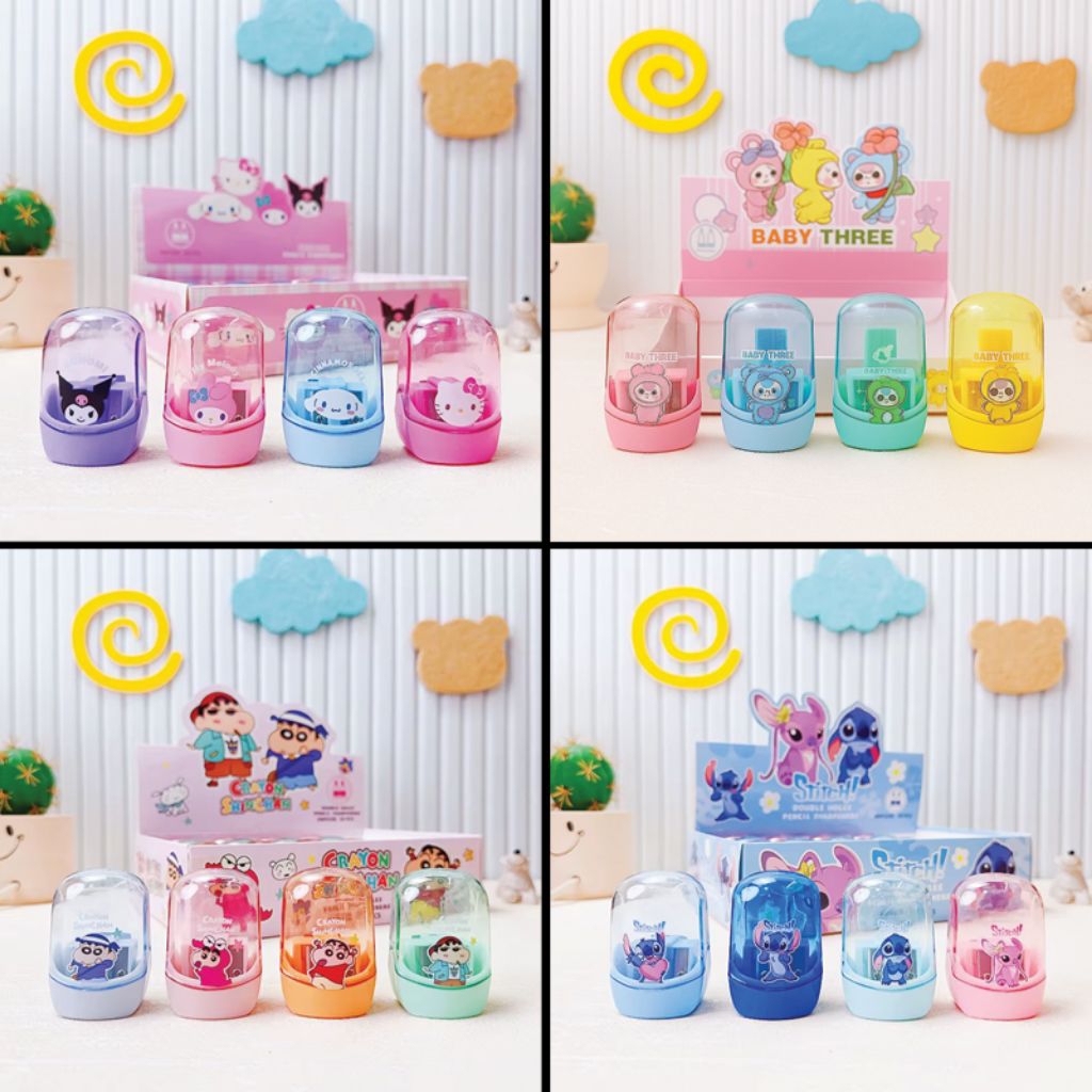 

SNR Serutan Rautan Pensil 2 Lubang motif Snrio Stitch Sinchan Baby Three