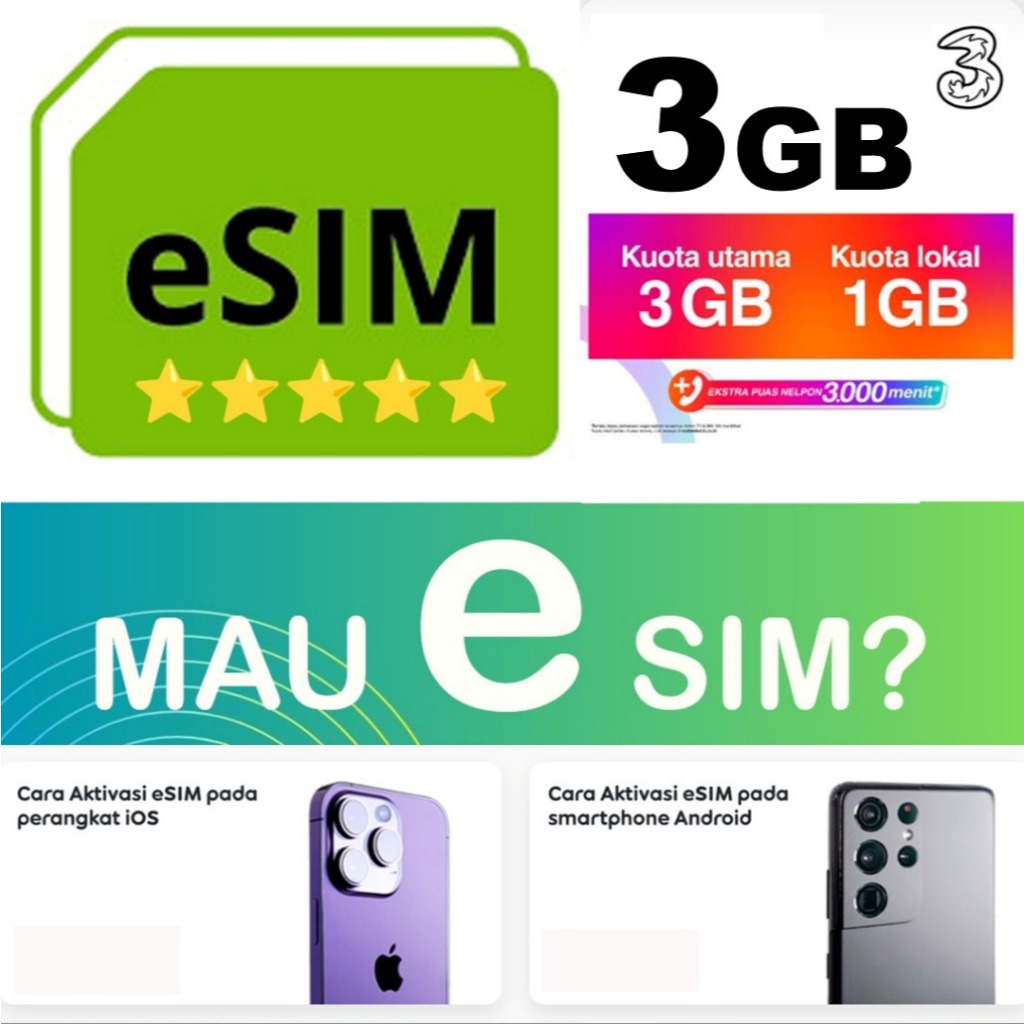 eSIM 3 (Tri) kuota 3gb khusus HP SIM2 support eSIM Khusus HP garansi resmi Indonesia